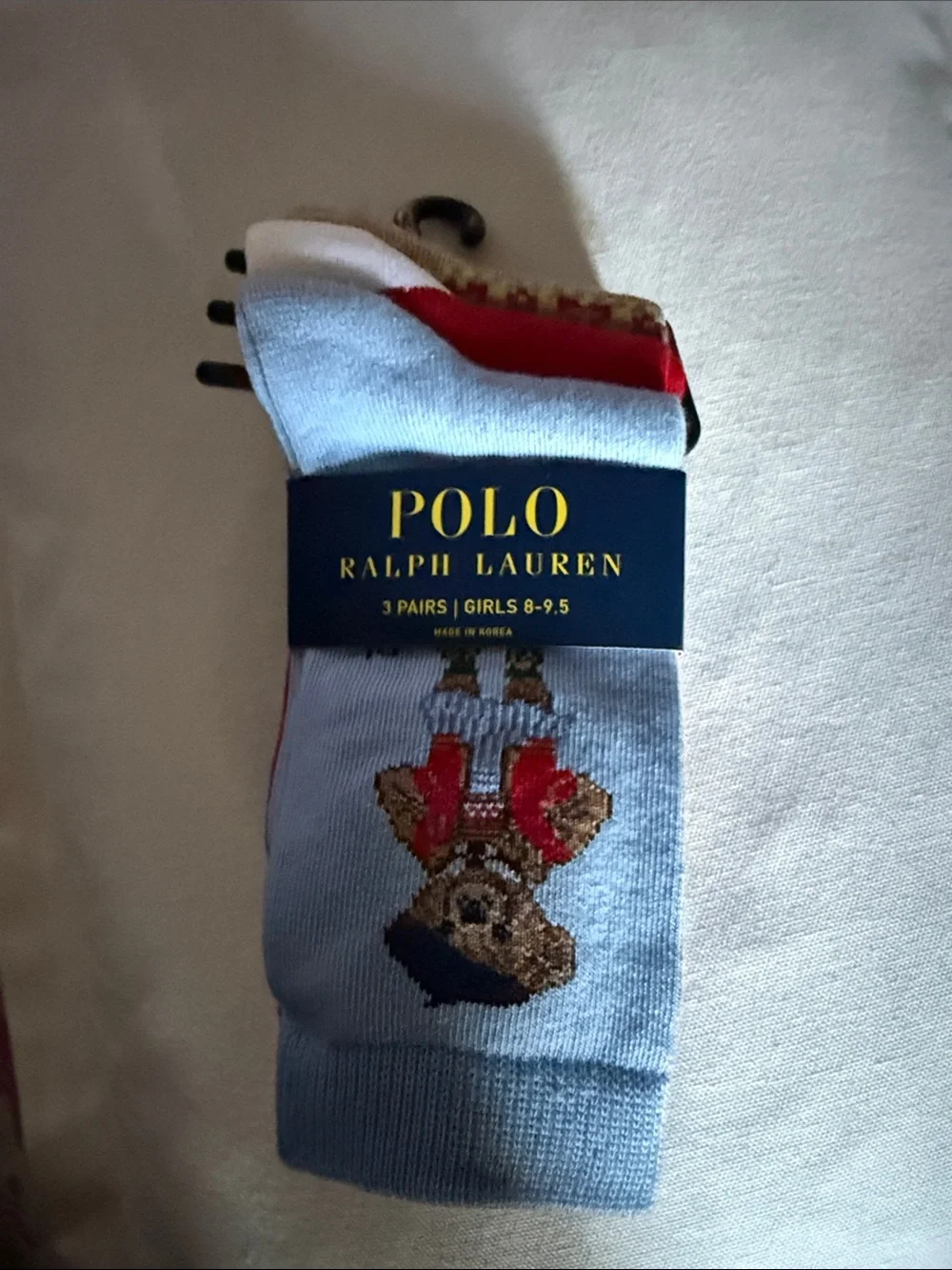 Polo by Ralph Lauren Light Blue Bear Crew Socks with Red Accent